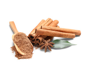 Scoop of powder with cinnamon sticks, anise and leaf on white background