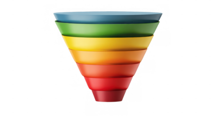 Multicolored sales funnel representing the different stages of customer journey, from awareness to purchase, isolated on transparent background, ideal for marketing and business presentations