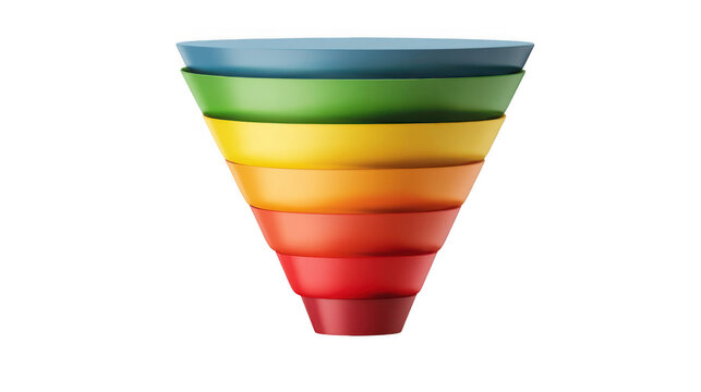Multicolored sales funnel representing the different stages of customer journey, from awareness to purchase, isolated on transparent background, ideal for marketing and business presentations