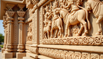 Intricate sandstone carvings of horses and figures in temple architecture