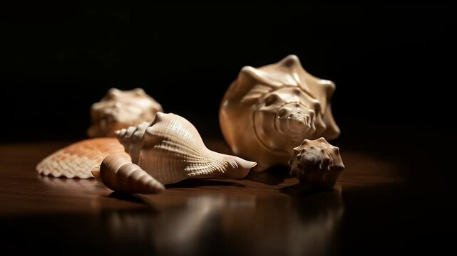 Arrangement of Seashells on Wood Surface Under Dramatic Lighting