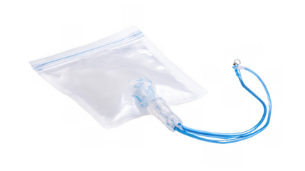 Urinary drainage bag featuring a flexible tube against a transparent background, illustrating essential medical care and enhancing patient comfort in healthcare settings