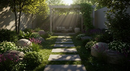 Serene Garden Path Sunlit Stone Walkway Through Lush Greenery and Tranquil Seating Area