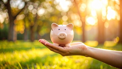 Saving money coin into piggy bank in hand closeup Copy space Panorama