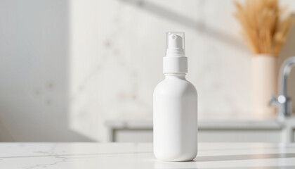 White spray bottle on marble countertop background