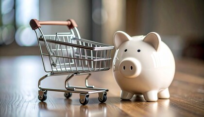 Small shopping cart model attached to a piggy bank