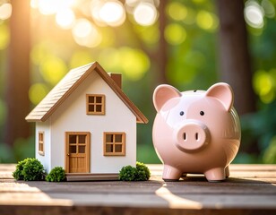 Small house model placed next to a piggy bank