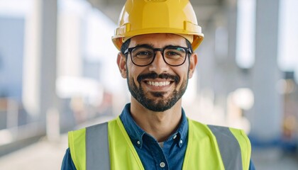 Male engineer wearing yellow hard hat, glasses, smiling on background, building ahouse