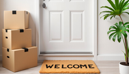 Welcome mat and moving boxes at front door