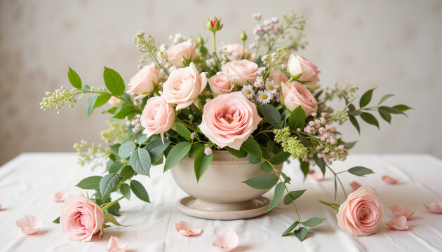 Beautiful bouquet of pink roses with greenery on a table