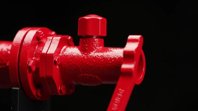 Close up of a red industrial pipe with flanges and valve against black background