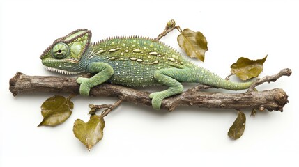 Obraz premium Green chameleon perched on a tree branch with leaves, isolated on white background.