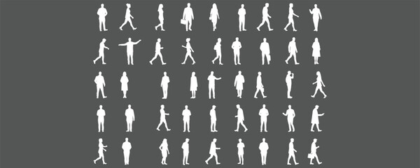 Silhouettes of People Vector Illustration, Business and Casual Figures, Walking and Standing Poses, Man and Woman Collection, Dark Background, Editable Icons for Graphic Design