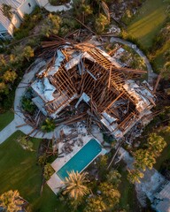 Aerial View of Hurricane-Damaged Residence and Pool
