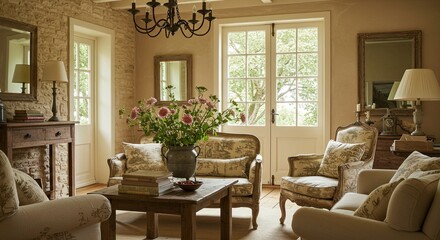 Inviting living room interior with warm neutral colors and wooden furniture