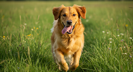 A golden retriever dog runs happily in a green meadow with a happy expression and tongue sticking out. 