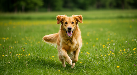 A golden retriever dog runs happily in a green meadow with a happy expression and tongue sticking out. 