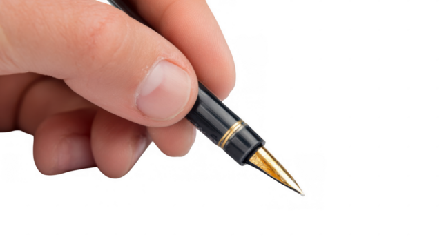 Close up of a hand delicately holding a sophisticated pen with a golden nib, poised above a transparent background, suggesting an impending signature or creative writing process