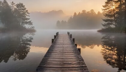 Tranquil misty lake landscape with a weathered wooden plank bridge