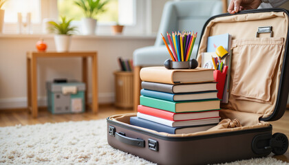 Luggage filled with colorful books and stationery