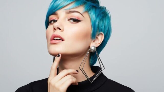 Portrait of a woman with blue hair and geometric earrings looking at camera
