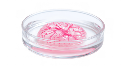 Cultivated brain organoid, resembling a miniature brain, floats in a petri dish filled with a pink liquid, showcasing advanced biotechnological research with transparent background