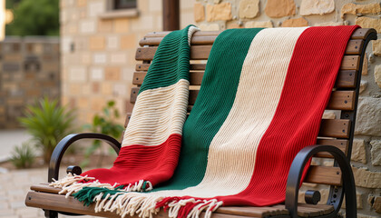 Cozy blanket with Italian flag colors on wooden bench