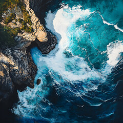 Aerial view of coastal cliffs and teal ocean waves crashing, vivid and dynamic.