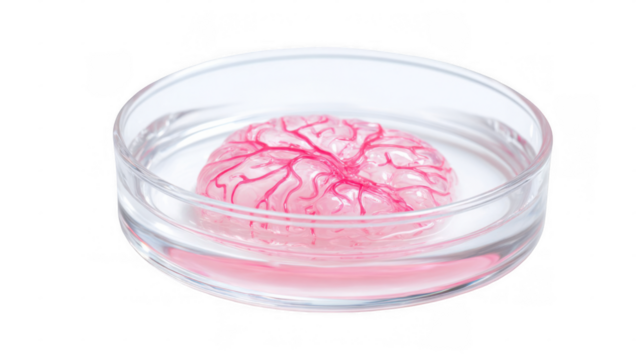 Cultivated brain organoid, resembling a miniature brain, floats in a petri dish filled with a pink liquid, showcasing advanced biotechnological research with transparent background