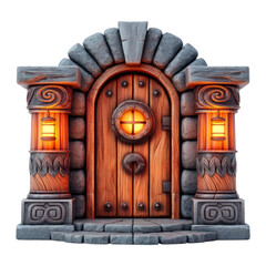 Ornate Wooden Door With Stone Architecture And Warm Lanterns