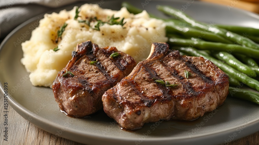 Poster grilled lamb chops served with creamy mashed potatoes and green beans on a gray plate.