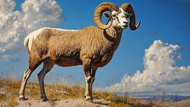 Majestic bighorn sheep gazes across a sunlit prairie landscape with fluffy clouds, showcasing nature's strength and resilience in mountainous regions