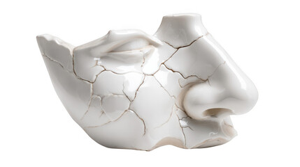 White broken statue face with cracks representing loss of smell and taste, isolated on transparent background, ideal for healthcare and medical themes