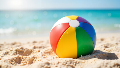 Obraz premium Colorful beach ball on sandy shore