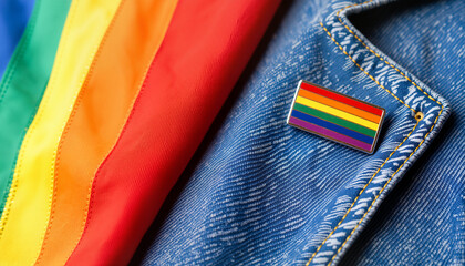 Pride flag and enamel pin on denim jacket