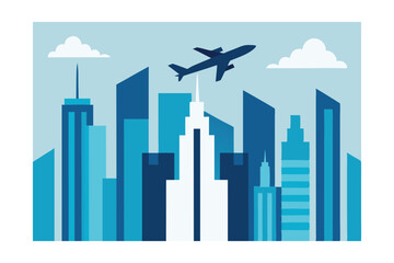 Airplane Flying Over Glass Skyscrapers Financial District Vector