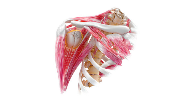3d medical illustration showing a rotator cuff tear with the supraspinatus, infraspinatus, subscapularis, and teres minor muscles visible, isolated on a transparent background
