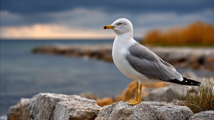 Obraz premium Seagull observes the ocean landscape poised