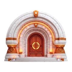 Ornate Wooden Doorway with Archway and Warm Lighting