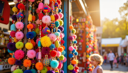 Naklejka premium Colorful pom-pom decorations at a vibrant market