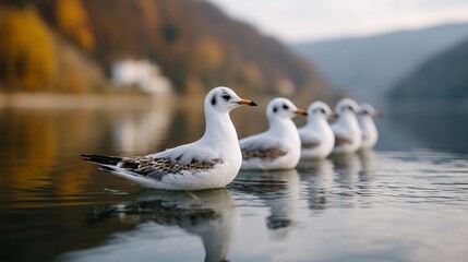 Fototapeta premium Serene row of seagulls reflect on water