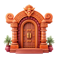 Ornate Wooden Doorway with Decorative Plants