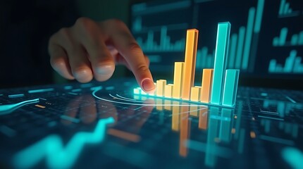 Hand interacting with 3d financial growth chart on digital screen