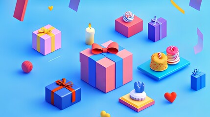 Colorful festive gifts and treats with a playful blue background.