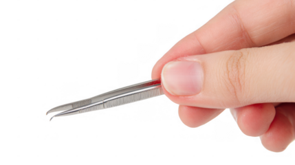 Hand is delicately holding a pair of forceps, poised for precision work against a transparent background, ready for easy integration into various projects