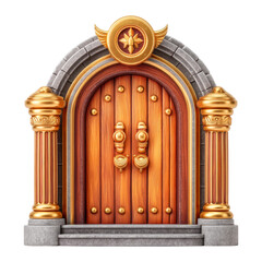 Ornate Wooden Doorway with Golden Accents and Stone Arch