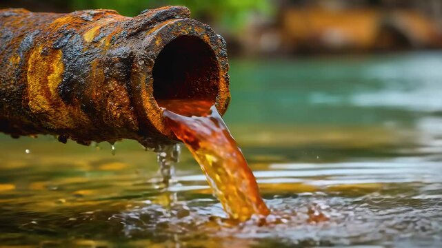 Contaminated water flowing through rusted metal pipe with corrosion and pollution causing liquid discharge into natural water affecting water flow