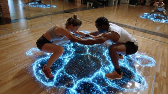 Fitness Collaboration: A couple engage in synchronized exercise, their bodies mirroring each other as they perform a focused workout, emphasizing teamwork and shared goals.