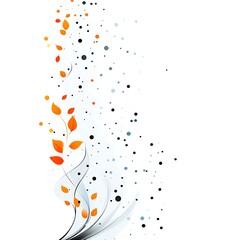 Abstract floral design with orange leaves and gray/blue dots, swirling lines