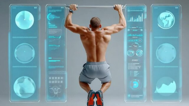 Fitness metrics in action: A determined individual performs a pull-up, his form reflecting unwavering dedication, while integrated fitness trackers visualize dynamic progress data